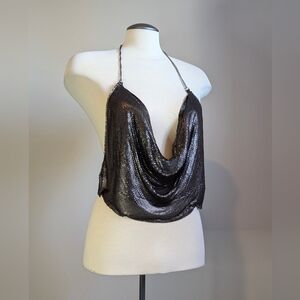 Y2K Gunmetal Metal Mesh Chain Halter Top Open Back Rave Festival Shirt